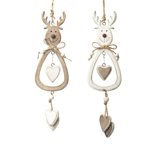 Hanging pair wooden REINDEER decorations with Hearts