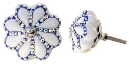 White/blue studded jewelled flower knob